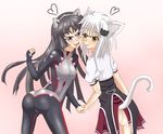  2girls artist_request ass black_hair blue_eyes blush bodysuit breasts cameltoe cat_ears cat_tail crossover fang from_behind gold_eyes guilty_crown hair_ornament hand_holding high_school_dxd long_hair looking_at_viewer multiple_girls open_mouth school_uniform short_hair silver_hair smile tail toujou_koneko tsugumi_(guilty_crown) 