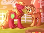  2015 apple applejack_(mlp) barn big_macintosh_(mlp) blonde_hair braeburned cloud cutie_mark duo earth_pony equine female fence feral freckles friendship_is_magic fruit fur green_eyes hair hat hi_res horse male mammal mane_swap my_little_pony open_mouth pony smile tree 