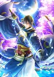  absurdres asato_(anjam) blue_eyes blue_hair cherry_blossoms full_moon gloves glowing glowing_sword glowing_weapon highres japanese_clothes katana male_focus mikazuki_munechika moon solo sword touken_ranbu weapon 