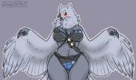  alternate_species ana_(overwatch) anthro avian beak belly belt bird blush breasts brown_eyes feathered_wings feathers female looking_at_viewer navel open_mouth overwatch owl simple_background solo talons thick_thighs video_games weapon wide_hips wingedwilly wings 