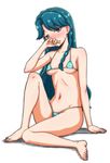  bikini blue_bikini blue_eyes blue_hair blush braid breasts go!_princess_precure hone_(koppun) kaidou_minami long_hair looking_at_viewer micro_bikini precure simple_background single_braid sitting small_breasts solo swimsuit white_background 