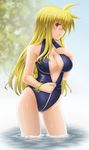  blonde_hair blush breasts cleavage fate_testarossa front_zipper_swimsuit hand_on_own_chest highres large_breasts long_hair lyrical_nanoha mahou_shoujo_lyrical_nanoha_strikers meme_attire one-piece_swimsuit red_eyes solo standing sunago swimsuit unzipping wading water 