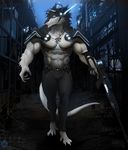  abs anthro biceps black_fur black_hair blue_eyes discordnight fur hair looking_at_viewer male muscles necklace pacelic rifile science_fiction sergal sniper svd 