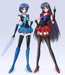  bishoujo_senshi_sailor_moon black_gloves black_hair black_legwear blue_bow blue_choker blue_eyes blue_footwear blue_hair blue_sailor_collar boots bow choker corruption crystal_sword dark_mercury dark_persona earrings elbow_gloves eyeshadow garter_straps gloves high_heels highres hino_rei inner_senshi jewelry kiryu_(pixiv1983506) lipstick long_hair magical_girl makeup middle_finger mizuno_ami multiple_girls purple_eyes red_sailor_collar sailor_collar sailor_mars sailor_mercury sailor_senshi sailor_senshi_uniform short_hair skirt sword thighhighs tiara weapon zettai_ryouiki 