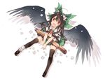  arm_cannon bird_wings black_hair black_legwear black_wings bow downscaled fang flower full_body hair_bow hair_flower hair_ornament long_hair mary_janes md5_mismatch navel open_clothes open_mouth open_shirt petals puffy_sleeves red_eyes reiuji_utsuho resized shirt shoes short_sleeves simple_background sitting skirt smile solo thighhighs third_eye touhou toutenkou weapon white_background wings zettai_ryouiki 