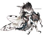 black_hair bug copyright_name crossed_arms crossed_legs dokuga dorohedoro error expressionless facial_tattoo green_eyes insect insect_boy male_focus monster_boy moth moth_boy moth_wings shishio simple_background sitting solo tattoo white_background wings 