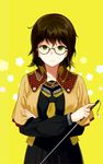  ascot brown_hair capelet coat crossed_arms glasses green_eyes looking_at_viewer messy_hair original pointer sasamori_tomoe school_uniform semi-rimless_eyewear serafuku short_hair skirt smile solo star yellow_background 