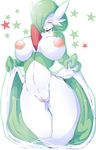  1girl anthro areola blush breasts curvy eyes_closed female full_body gardevoir green_hair hair hair_over_one_eye monster_girl navel nintendo nipples nude open_mouth pok&eacute;mon pokemon pussy simple_background solo standing star suddenhack thick_thighs video_games 