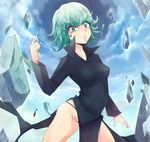  1girl ;o bare_legs curly_hair dress female green_eyes green_hair impossible_clothes impossible_dress long_sleeves md5_mismatch one-punch_man onepunch_man panties psychic sakurapain6918 sky solo string_panties tatsumaki underwear 