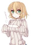  :&lt; alternate_costume angry blonde_hair blush breasts cleavage closed_mouth frown green_eyes highres looking_at_viewer medium_breasts meme_attire mizuhashi_parsee open-chest_sweater pointy_ears ribbed_sweater short_hair sleeves_past_wrists solo sui_(aruko91) sweater touhou upper_body v-shaped_eyebrows 