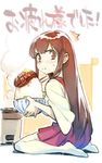  :i akagi_(kantai_collection) brown_hair butter eating food kantai_collection long_hair looking_at_viewer nonco rice sitting solo steak thighhighs translated wariza white_legwear 