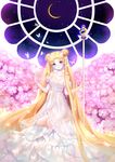  2015 absurdly_long_hair bare_shoulders bead_bracelet beads bishoujo_senshi_sailor_moon blonde_hair blue_eyes bracelet cutie_moon_rod double_bun dress earrings flower hair_ornament hairpin jewelry kneeling long_hair no_panties princess_serenity ririfa see-through smile solo staff strapless strapless_dress tsukino_usagi twintails very_long_hair white_dress 