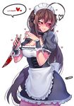  ahoge apron bad_id bad_pixiv_id black_dress blood blood_on_face bloody_knife breasts brown_hair cleavage closers dress heart heart_ahoge huge_ahoge jjune knife large_breasts long_hair maid maid_headdress puffy_short_sleeves puffy_sleeves red_eyes short_sleeves solo spoken_heart very_long_hair waist_apron wrist_cuffs yandere 