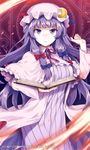  arisaka_ako book bow capelet commentary_request crescent dress fire hair_bow hair_ornament hat hat_bow long_hair long_sleeves looking_at_viewer magic_circle mob_cap open_book open_mouth patchouli_knowledge purple_eyes purple_hair solo striped text_focus touhou vest wide_sleeves 