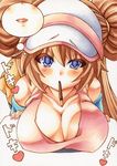  bare_shoulders baseball_cap blue_eyes blush breast_rest breasts brown_hair cleavage collarbone colored_pencil_(medium) commentary_request food hat incoming_kiss large_breasts long_hair looking_at_viewer marker_(medium) mei_(pokemon) millipen_(medium) mouth_hold parted_lips pocky pokemon pokemon_(game) pokemon_bw2 simple_background slit_pupils solo traditional_media uneven_eyes upper_body white_background yutakasan-love 