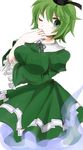  bad_id bad_pixiv_id blush breast_lift breasts dress ghost ghost_tail green_dress green_eyes green_hair hat highres juliet_sleeves large_breasts long_sleeves looking_at_viewer one_eye_closed puffy_sleeves short_hair soga_no_tojiko solo sui_(aruko91) tate_eboshi thinking touhou 