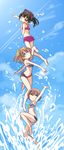  bikini black_hair blue_eyes brown_hair clothes_writing highres hoshizora_rin kousaka_honoka love_live! love_live!_school_idol_project multiple_girls one_side_up orange_hair red_eyes shipii_(jigglypuff) short_hair splashing swimsuit twintails yazawa_nico yellow_eyes 