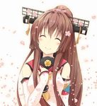 akisaka_yamoka breasts brown_hair cherry_blossoms closed_eyes flower hair_flower hair_ornament headgear highres kantai_collection large_breasts long_hair petals ponytail smile solo yamato_(kantai_collection) 