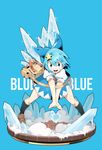  bag blue_dress blue_eyes blue_hair bow cirno dress faux_figurine hair_bow hair_ornament heart highres ice ice_crystal ice_wings open_mouth puffy_short_sleeves puffy_sleeves shirt short_sleeves shoulder_bag smile sofa_(enogunomu) solo star star_hair_ornament touhou v_arms wings 