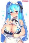  apron arm_garter bare_shoulders bikini bikini_top blue_hair blush breasts cleavage cleavage_cutout hair_ribbon heart large_breasts long_hair looking_at_viewer maid maid_apron maid_headdress mel/a melmaid no_panties original red_eyes ribbon smile solo striped striped_bikini swimsuit twintails waist_apron 