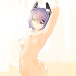 arm_up armpits ass breasts eyepatch headgear highres kanamura_will kantai_collection looking_at_viewer medium_breasts nipples nude purple_hair short_hair simple_background solo tenryuu_(kantai_collection) white_background yellow_eyes 