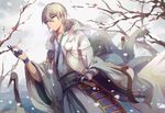  bird crane_(animal) elec gloves highres japanese_clothes male_focus partly_fingerless_gloves robe silver_hair smile solo touken_ranbu tree tsurumaru_kuninaga yellow_eyes 