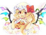  ascot blonde_hair bow cherry_blossoms dress fangs flandre_scarlet hat hat_bow iroyopon looking_at_viewer mob_cap open_mouth red_dress red_eyes side_ponytail smile solo touhou upper_body wings 