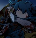  armor bandages blood blood_on_face bloody_clothes blue_eyes blue_hair hat japanese_armor japanese_clothes kote looking_at_viewer male_focus mizuhara_aki reverse_grip sayo_samonji solo tantou touken_ranbu upper_body 