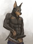  2015 496549736_(artist) abs anthro balls canine clothed clothing doberman dog erection half-dressed male mammal muscles nipples pants pants_down pecs penis solo topless uncut_cock 