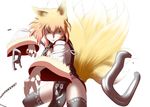  animal_ears black_legwear blonde_hair chain fox_ears fox_tail highres moku. multiple_tails solo tail touhou white_background wide_sleeves yakumo_ran yellow_eyes 