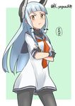  aqua_hair bangs black_gloves black_legwear blunt_bangs blush cowboy_shot crossed_arms dress fingerless_gloves gloves headgear kantai_collection long_hair looking_at_viewer murakumo_(kantai_collection) neckerchief orange_eyes pantyhose pout sailor_collar sailor_dress sidelocks solo translated twitter_username yagara_(kishimen_f) 