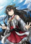  black_hair blue_sky brown_eyes cloud cloudy_sky day detached_sleeves dutch_angle from_below hair_ornament hairband hairclip haruna_(kantai_collection) kantai_collection kurenai_koucha long_hair machinery nontraditional_miko sky solo turret 