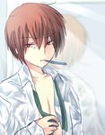  brown_hair dress_shirt little_busters! mouth_hold nashihako natsume_kyousuke necktie open_clothes open_shirt red_eyes shirt short_hair toothbrush 