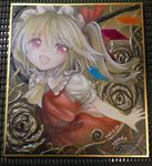  ascot blonde_hair dress fang flandre_scarlet hat mob_cap mosho puffy_short_sleeves puffy_sleeves red_dress red_eyes shikishi shirt short_sleeves side_ponytail smile solo touhou traditional_media watercolor_(medium) wings 