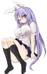  animal_ears black_legwear blush breasts brown_eyes bunny_ears collared_shirt convenient_leg impossible_clothes impossible_shirt large_breasts long_hair looking_at_viewer miniskirt one_eye_closed purple_hair reisen_udongein_inaba shirt sitting skirt socks solo sui_(aruko91) touhou upskirt very_long_hair 