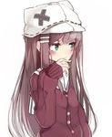  big_hat blush brown_hair buttons green_eyes hair_ornament hairclip hat jacket long_hair looking_away original otokuyou red_jacket smile solo sweater 