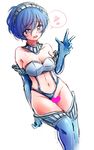  1girl artist_request bare_shoulders blue_eyes blue_hair blush breasts choker cleavage elbow_gloves genderswap gloves hairband heart hearts high-cut_armor persona persona_3 saliva short_hair spoken_heart sweat thigh_boots v yuuki_makoto 