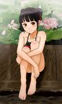  bare_shoulders barefoot black_hair brown_eyes double_bun dudou feet hair_ribbon highres leg_hug legs original ribbon short_hair sitting smile solo toes water yewang19 