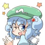  :d bespectacled blue_eyes blue_hair blush dress glasses hair_bobbles hair_ornament hat jinnouchi_akira kawashiro_nitori looking_at_viewer looking_back one_eye_closed open_mouth shirt short_hair simple_background smile solo star touhou two_side_up upper_body v white_background 