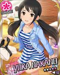  :d bag black_hair blush bracelet brown_eyes card_(medium) character_name dress earrings flower_(symbol) holding idolmaster idolmaster_cinderella_girls jewelry long_hair looking_at_viewer nakano_yuka necklace no_socks open_mouth smile solo_focus striped striped_dress twintails 