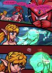  blonde_hair blue_eyes blush breath_of_the_wild claws clothed clothing comic ear_piercing english_text erection female hair hi_res humanoid hylian link male male/male mammal mipha multi_penis nintendo nipples nude penis piercing raining sidon_(zelda) spirit text the_legend_of_zelda topless video_games vonboche water zora 