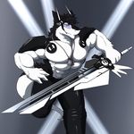  abs anthro biceps black_fur black_hair blue_eyes croiyan discordnight fur hair male muscles necklace science_fiction sergal 