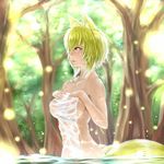  animal_ears bad_id bad_pixiv_id blonde_hair breasts collarbone covering forest fox_ears fox_tail large_breasts moku. nature nude_cover sideboob solo tail touhou towel wading yakumo_ran yellow_eyes 