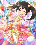  :d artist_request balloon black_hair bow brown_eyes confetti dress hair_bow holding idolmaster idolmaster_cinderella_girls looking_at_viewer microphone nakano_yuka official_art one_eye_closed open_mouth smile solo stage twintails 