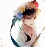  bandana black_hair earrings eyeshadow flower hair_flower hair_ornament hakutaku_(hoozuki_no_reitetsu) hoozuki_no_reitetsu jewelry left_mouse light_particles looking_at_viewer makeup male_focus mouth_hold open_clothes smile solo 