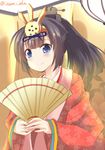  akizuki_(kantai_collection) black_hair blue_eyes fan hina_ningyou hinamatsuri izumi_akane japanese_clothes kantai_collection kimono layered_clothing layered_kimono ponytail saishi solo 