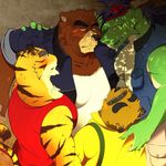  amber_eyes anthro bear black_eyes blue_eyes blush brown_fur canine cat chinese_dragon clothing dragon feline fur green_skin grizzly_bear grope group hair juuichi_mikazuki kounosuke male mammal morenatsu muscles scalie tanuki tatsuki tiger torahiko_ooshima unknown_artist winter 