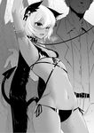  1girl armpits arms_up bad_id bad_twitter_id bikini black_bikini black_rock_shooter blush breasts breath collar dark_skin demon_tail greyscale groin hair_ornament head_out_of_frame leash m-da_s-tarou monochrome open_mouth restrained short_hair side-tie_bikini small_breasts solo_focus strap_gap strength_(black_rock_shooter) sweat swimsuit tail tears trembling wings 