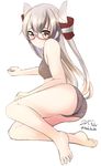  amatsukaze_(kantai_collection) bad_id bad_pixiv_id barefoot bespectacled bra brown_eyes glasses highres kantai_collection long_hair nekobaka panties silver_hair solo two_side_up underwear underwear_only 