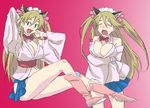  1girl bare_shoulders blonde_hair blush breasts cleavage fang female flesh_backbone large_breasts legs open_mouth shikabane_hime sitting solo standing 
